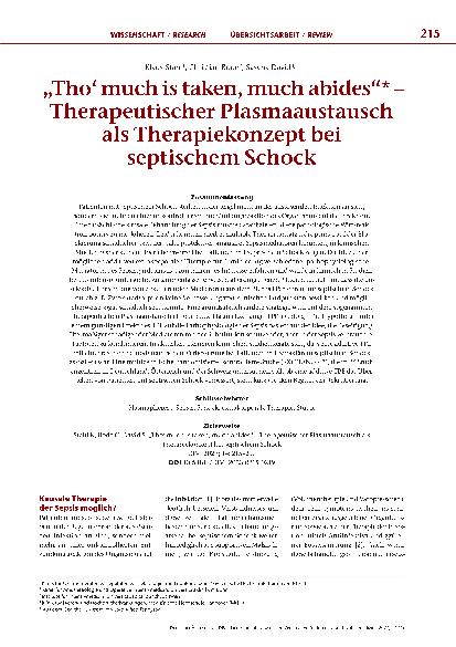Vorschauseite 1: "Though much is taken, much abides" – Therapeutischer Plasmaaustausch als Therapiekonzept bei septischem Schock