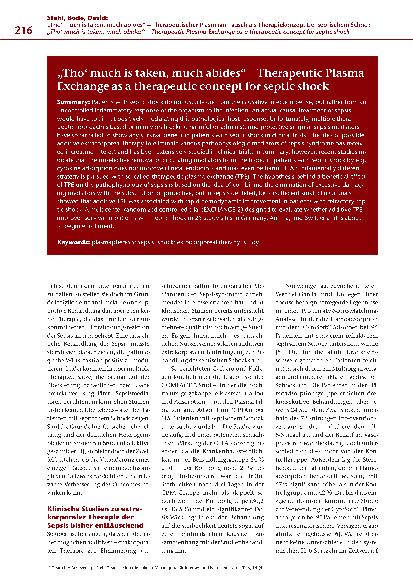 Vorschauseite 2: "Though much is taken, much abides" – Therapeutischer Plasmaaustausch als Therapiekonzept bei septischem Schock