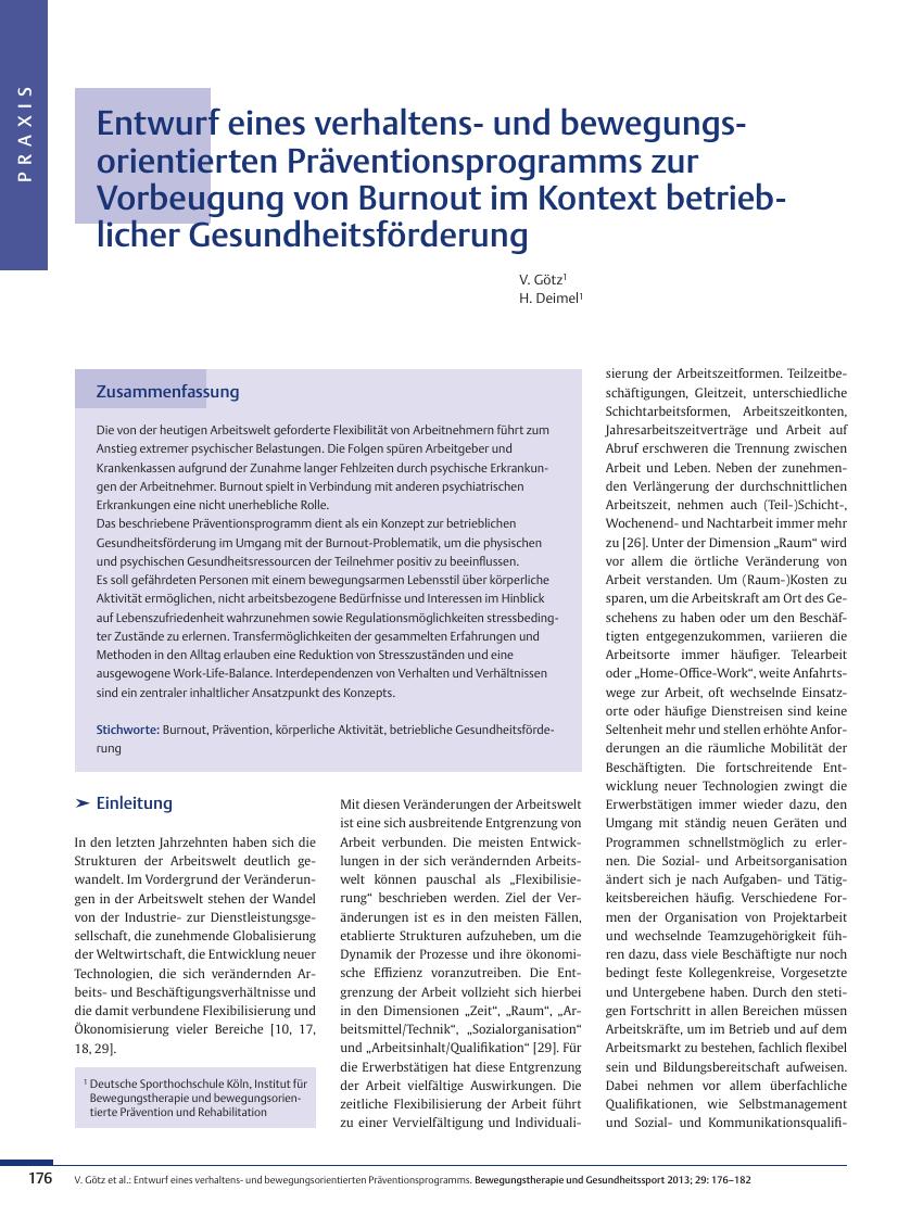 Vorschauseite 1: Entwurf eines verhaltensund bewegungsorientierten Präventionsprogramms zur Vorbeugung von Burnout im Kontext betrieblicher Gesundheitsförderung