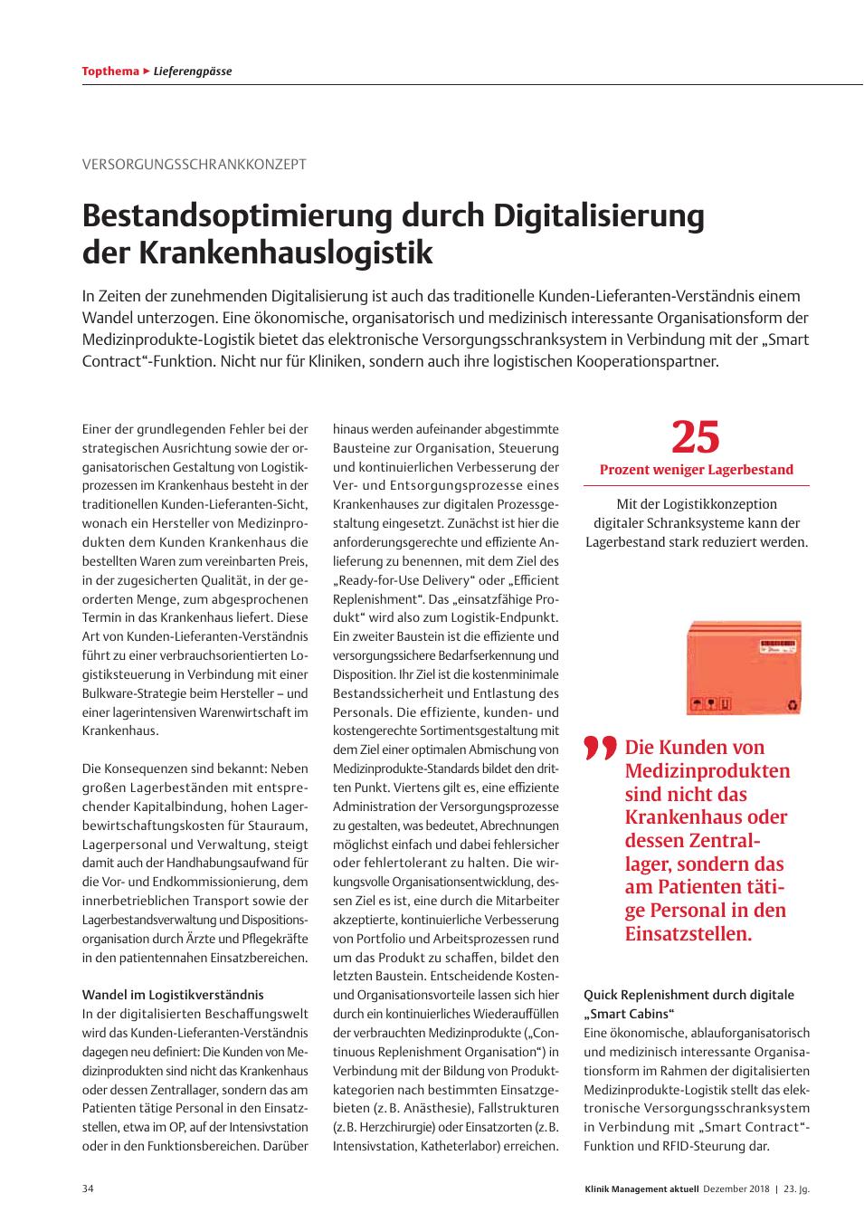 Vorschauseite 1: Versorgungsschrankkonzept: Bestandsoptimierung durch Digitalisierung der Krankenhauslogistik