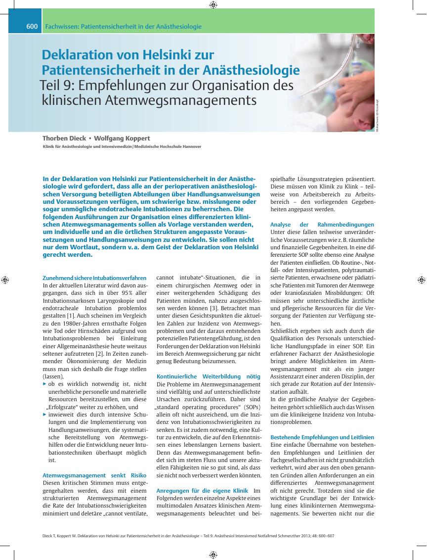 Vorschauseite 1: Deklaration von Helsinki zur Patientensicherheit in der Anästhesiologie – Teil 9: Empfehlungen zur Organisation des klinischen Atemwegsmanagements