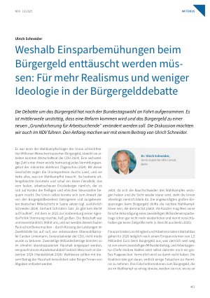 Vorschauseite 1: Weshalb Einsparbemühungen beim Bürgergeld enttäuscht werden müssen: Für mehr Realismus und weniger Ideologie in der Bürgergelddebatte