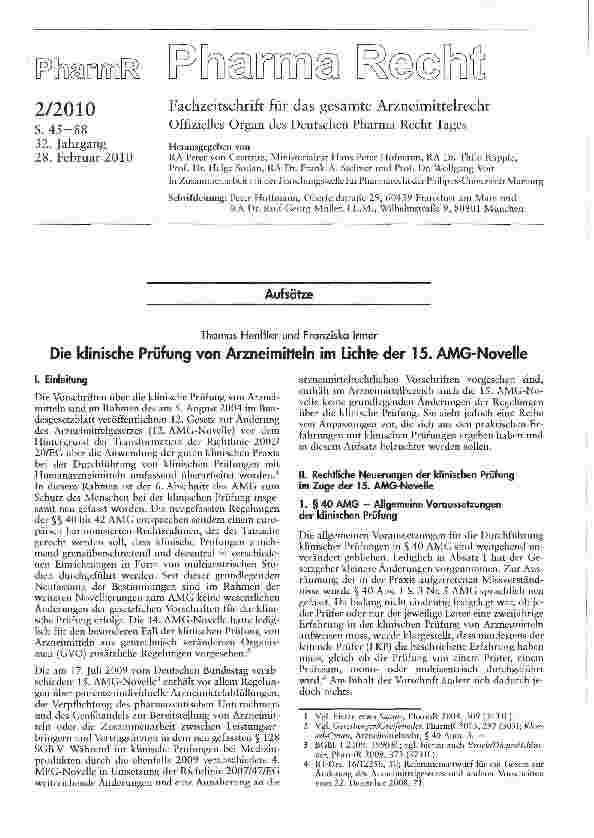 Vorschauseite 1: Die klinische Prüfung von Arzneimitteln im Lichte der 15. AMG-Novelle