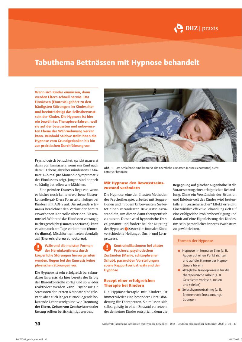 Vorschauseite 1: Tabuthema Bettnässen mit Hypnose behandelt