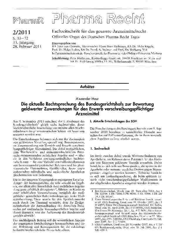 Vorschauseite 1: Die aktuelle Rechtsprechung des Bundesgerichtshofs zur Bewertung geldwerter Zuwendungen für den Erwerb verschreibungspflichtiger Arzneimittel