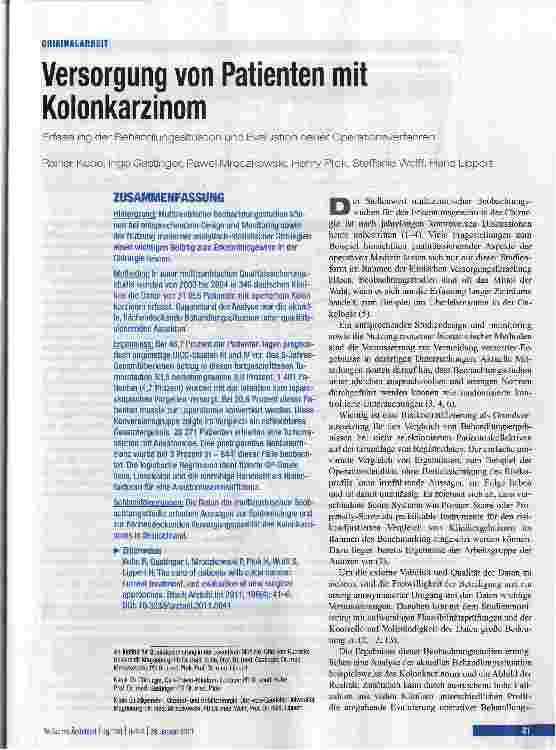 Vorschauseite 1: Versorgung von Patienten mit KolonkarzinomErfassung der Behandlungssituation und Evaluation neuer Operationsverfahren