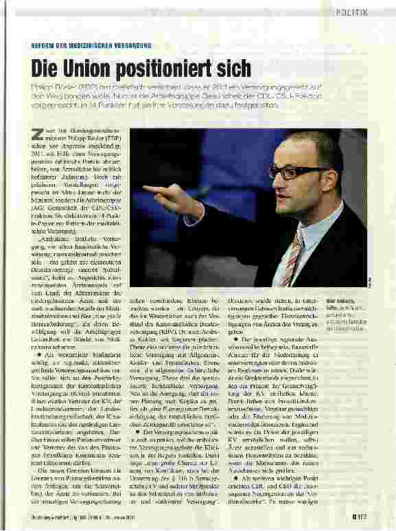 Vorschauseite 1: REFORM DER MEDIZINISCHEN VERSORGUNG . Die Union positioniert sich