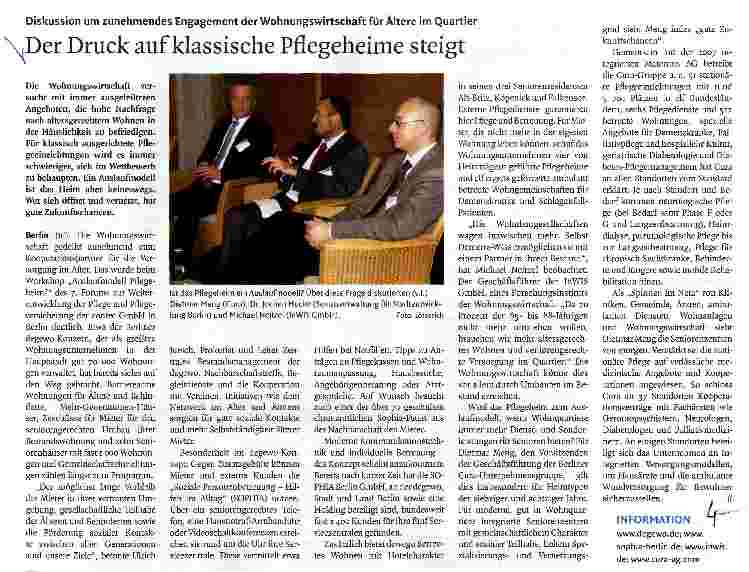 Vorschauseite 1: Diskussion umzunehmendes Engagement der Wohnungswirtschaft für Ältere im QuartierDer Druck auf klassische Pflegeheime steigt