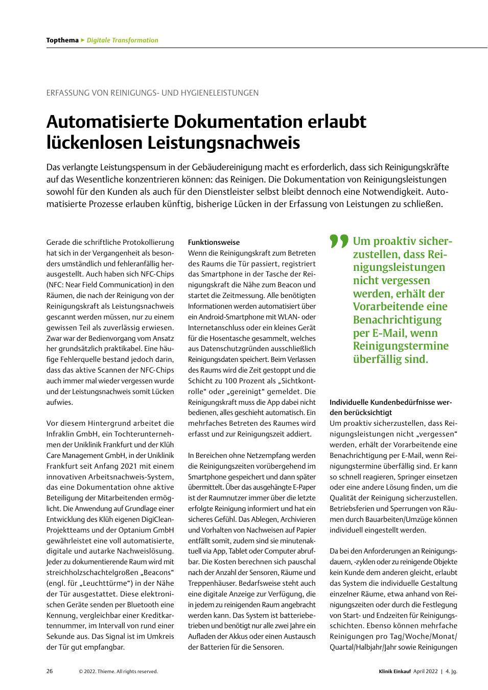 Vorschauseite 1: Erfassung von Reinigungsund Hygieneleistungen: Automatisierte Dokumentation erlaubt lückenlosen Leistungsnachweis.