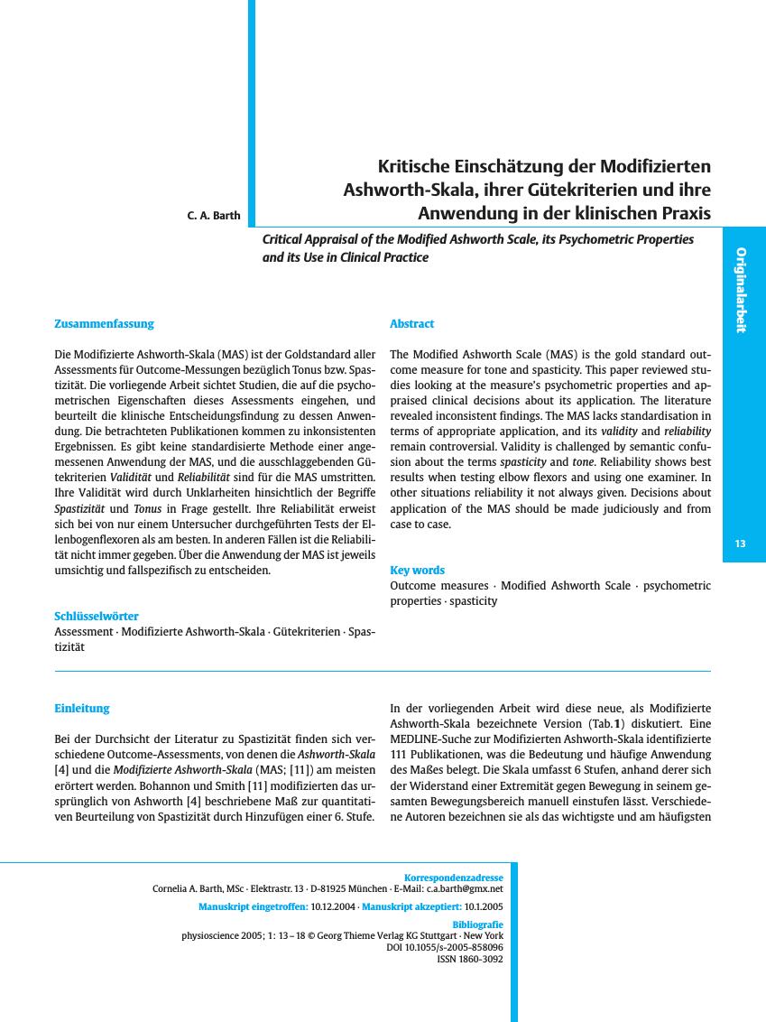 Vorschauseite 1: Kritische Einschätzung der Modifizierten Ashworth-Skala, ihrer Gütekriterien und ihre Anwendung in der klinischen Praxis