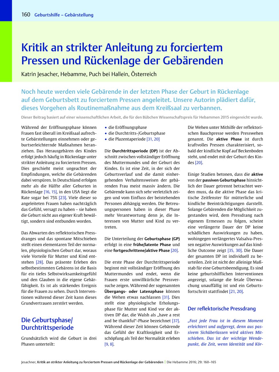 Vorschauseite 1: Kritik an strikter Anleitung zu forciertem Pressen und Rückenlage der Gebärenden