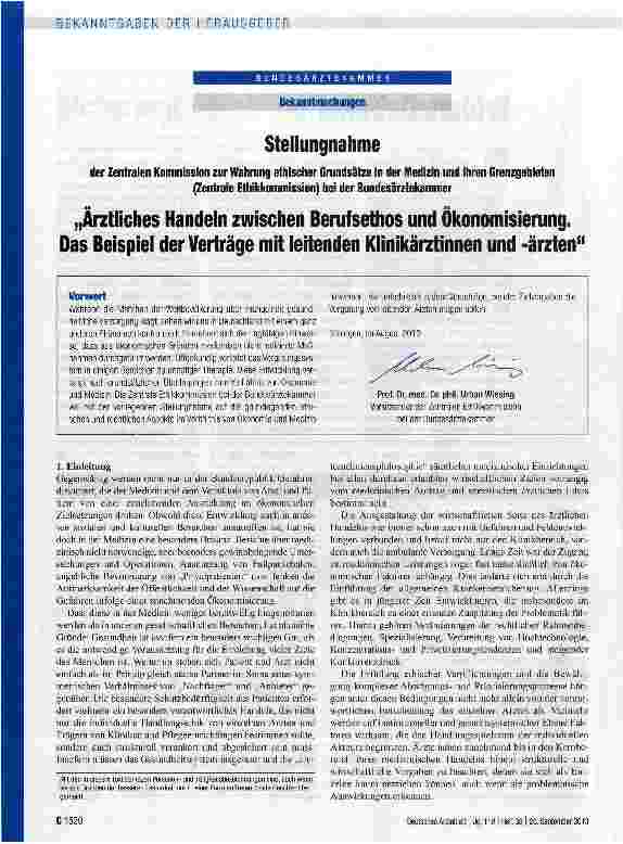 Vorschauseite 1: „Ärztliches Handeln zwischen Berufsethos und Ökonomisierung. Das Beispiel der Verträge mit leitenden Klinikärztinnen und -ärzten