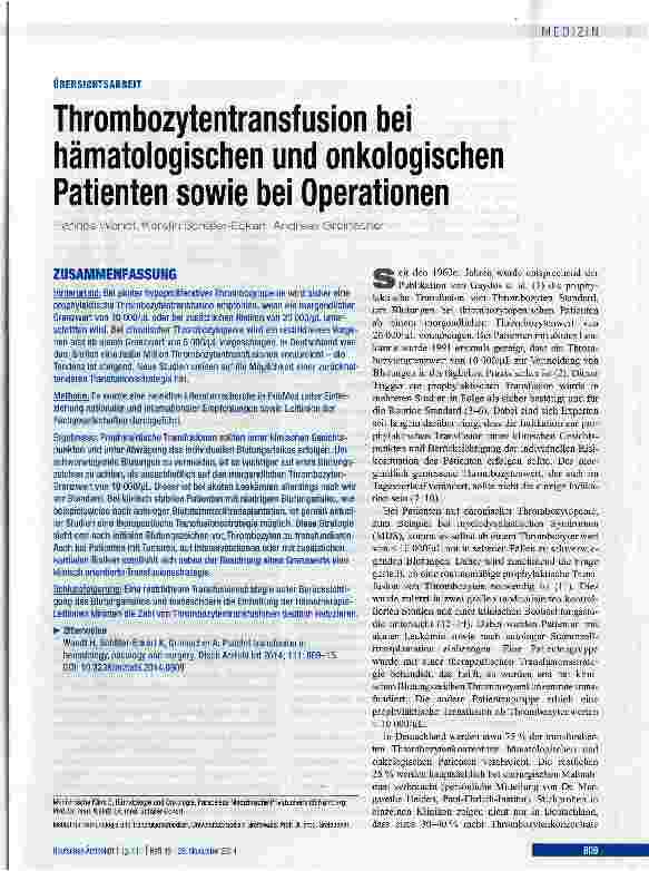 Vorschauseite 1: Thrombozytentransfusion bei hämatologischen und onkologischen Patienten sowie bei Operationen