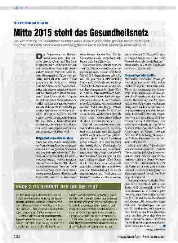 Vorschauseite 1: Mitte 2015 steht das Gesundheitsnetz