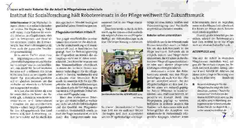 Vorschauseite 1: Institut für Sozialforschung hält Robotereinsatz in der Pflege weltweit für Zukunftsmusik
