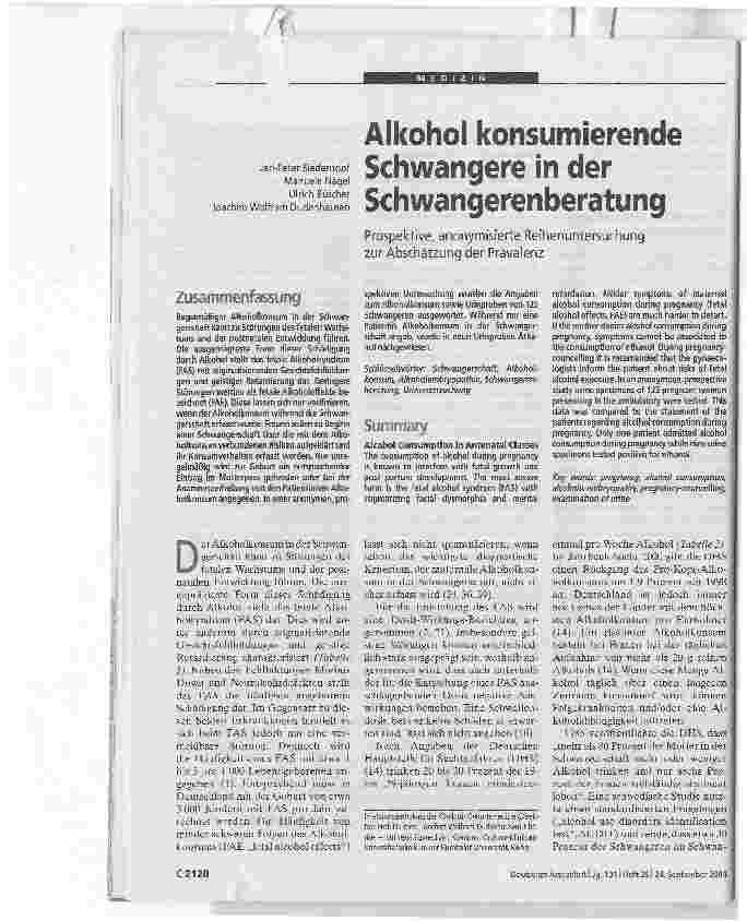 Vorschauseite 1: Alkohol konsumierende Schwangere in der SchwangerenberatungProspektive, anonymisierte Reihenuntersuchung zur Abschätzung der Prävalenz