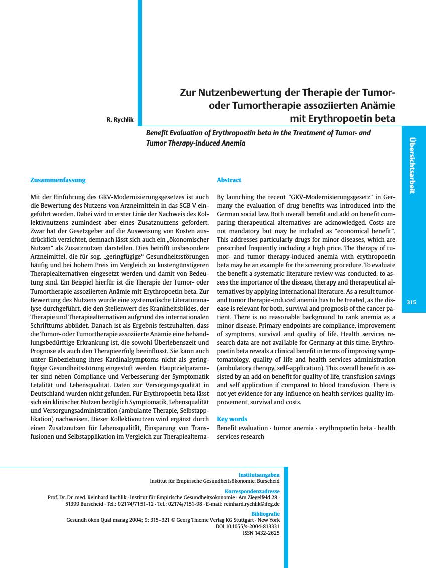 Vorschauseite 1: Zur Nutzenbewertung der Therapie der Tumoroder Tumortherapie assoziierten Anämie mit Erythropoetin beta