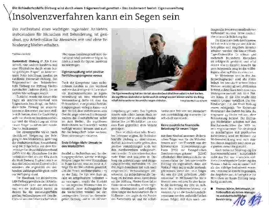 Vorschauseite 1: Die Behindertenhilfe Dieburg wird durch einen Trägerwechsel gerettet - Das Zauberwort lautet: Eigenverwaltung Insolvenzverfahren kann ein Segen sein