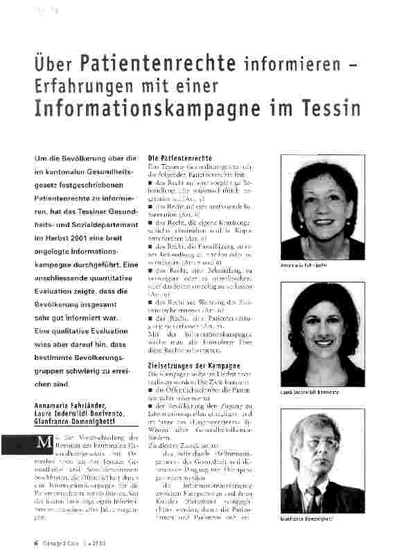 Vorschauseite 1: Über Patientenrechte informieren -Erfahrungen mit einer Informationskampagne im Tessin
