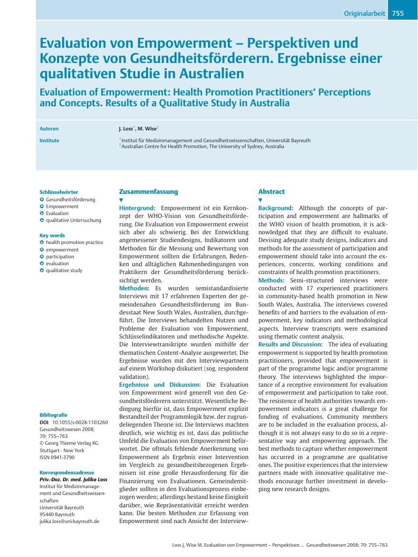 Vorschauseite 1: Evaluation von Empowerment – Perspektiven und Konzepte von Gesundheitsförderern. Ergebnisse einer qualitativen Studie in Australien