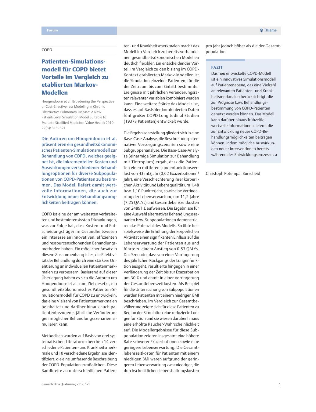Vorschauseite 1: COPD – Patienten-Simulationsmodell für COPD bietet Vorteile im Vergleich zu etablierten Markov-Modellen