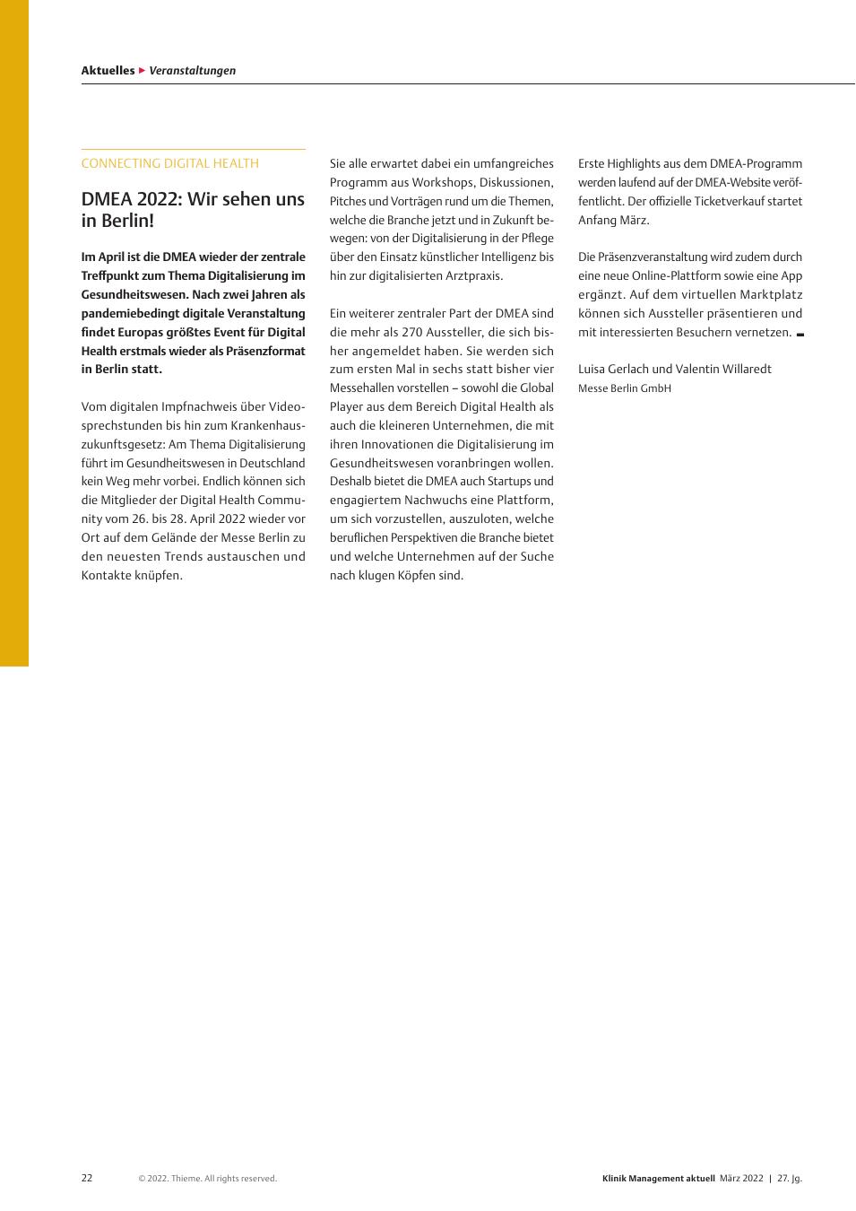 Vorschauseite 1: Connecting Digital Health: DMEA 2022: Wir sehen uns in Berlin!