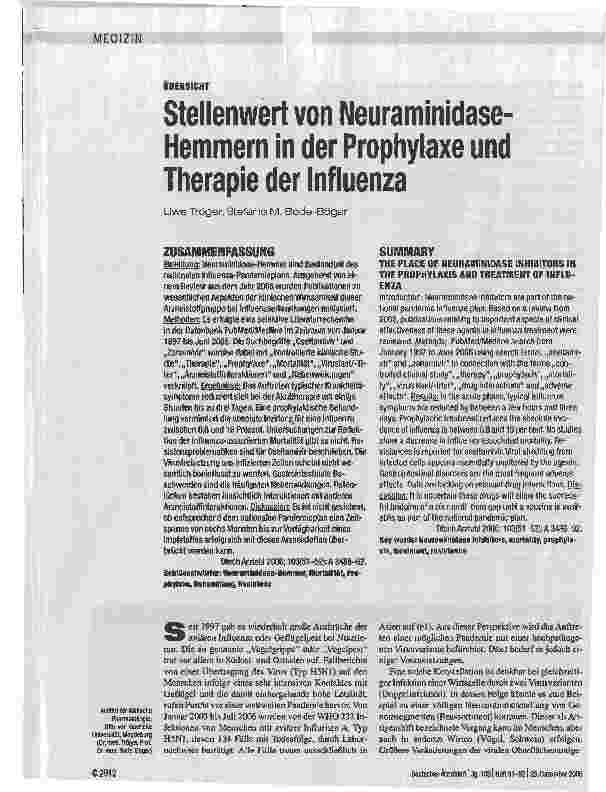 Vorschauseite 1: Stellenwert von Neuraminidase-Hemmern in der Prophylaxe und Therapie der Influenza