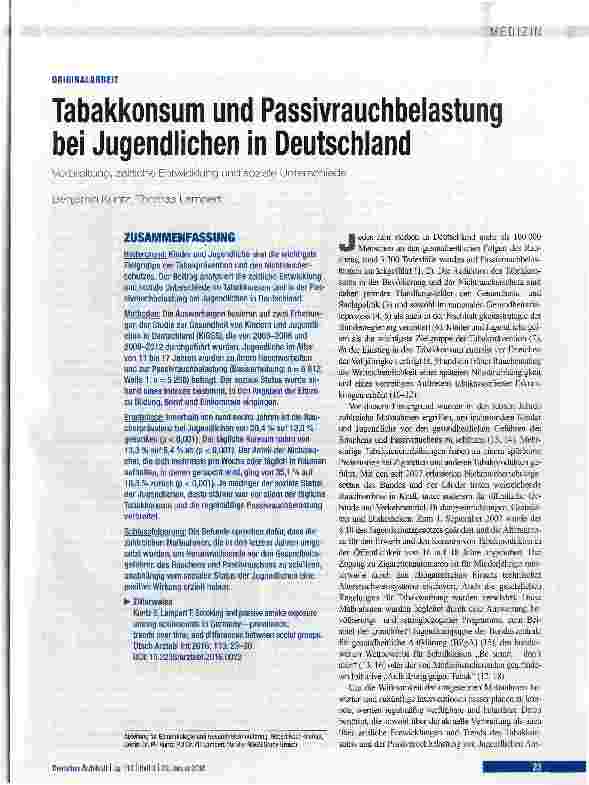 Vorschauseite 1: Tabakkonsum und Passivrauchbelastung bei Jugendlichen in Deutschland