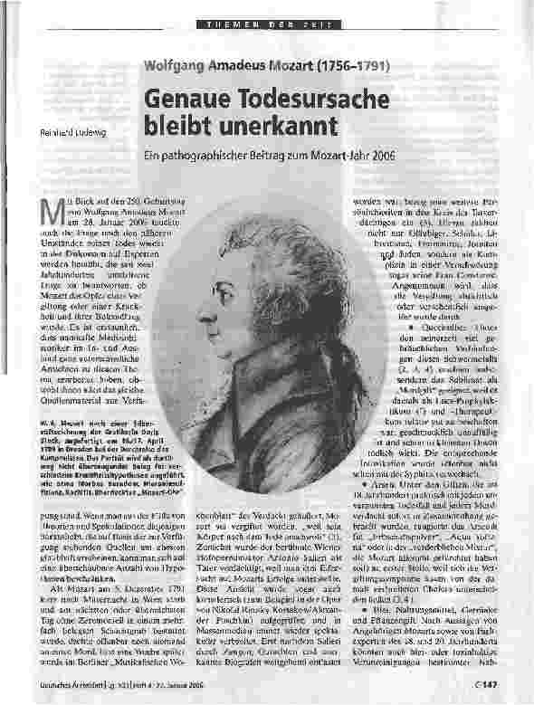 Vorschauseite 1: Wolf gang Amadeus Mozart (1756-1791)Genaue Todesursache bleibt unerkanntEin pathographischer Beitrag zum Mozart-Jahr 2006