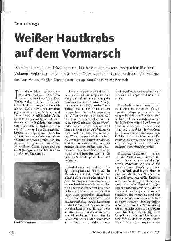 Vorschauseite 1: Dermatologie - Weißer Hautkrebs auf dem Vormarsch