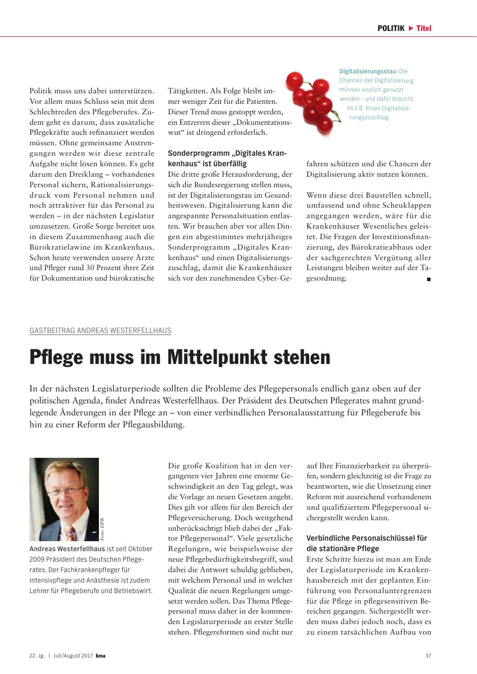 Vorschauseite 1: Gastbeitrag Andreas Westerfellhaus: Pflege muss im Mittelpunkt stehen
