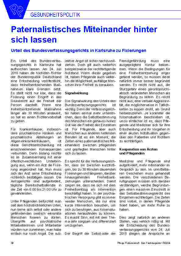Vorschauseite 1: Paternalistisches Miteinander hinter sich lassen Urteil des Bundesverfassungsgerichts in Karlsruhe zu Fixierungen