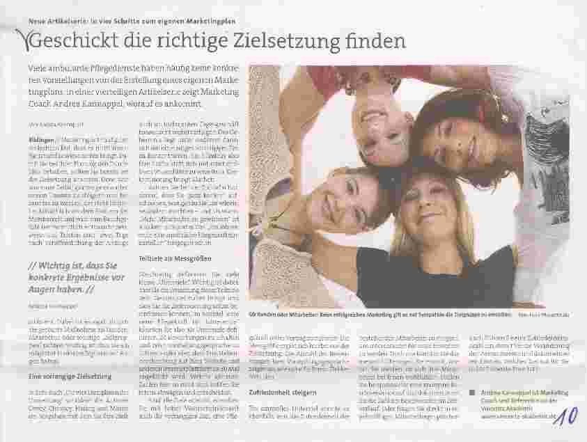 Vorschauseite 1: Neue Artikelserie: In vier Schritte zum eigenen Marketingplan Geschickt die richtige Zielsetzung finden
