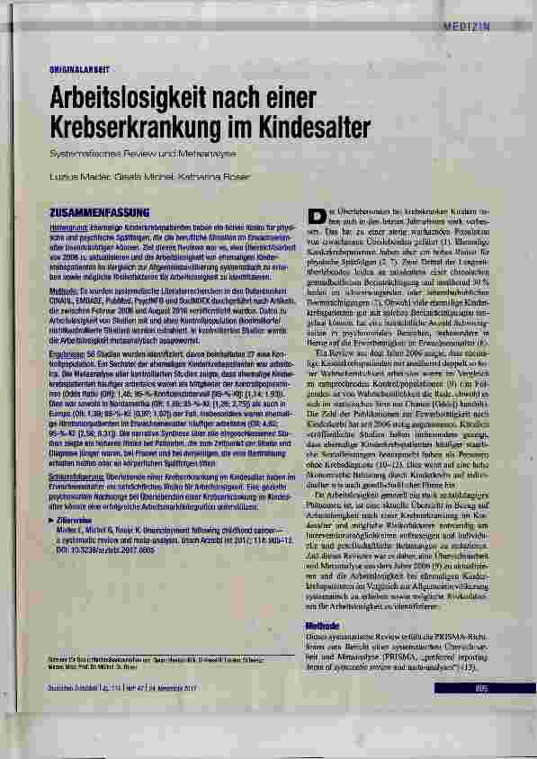 Vorschauseite 1: Arbeitslosigkeit nach einer Krebserkrankung im Kindesalter