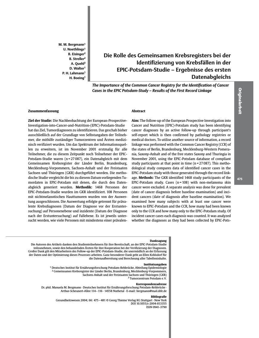 Vorschauseite 1: Die Rolle des Gemeinsamen Krebsregisters bei der Identifizierung von Krebsfällen in der EPIC-Potsdam-Studie - Ergebnisse des ersten Datenabgleichs