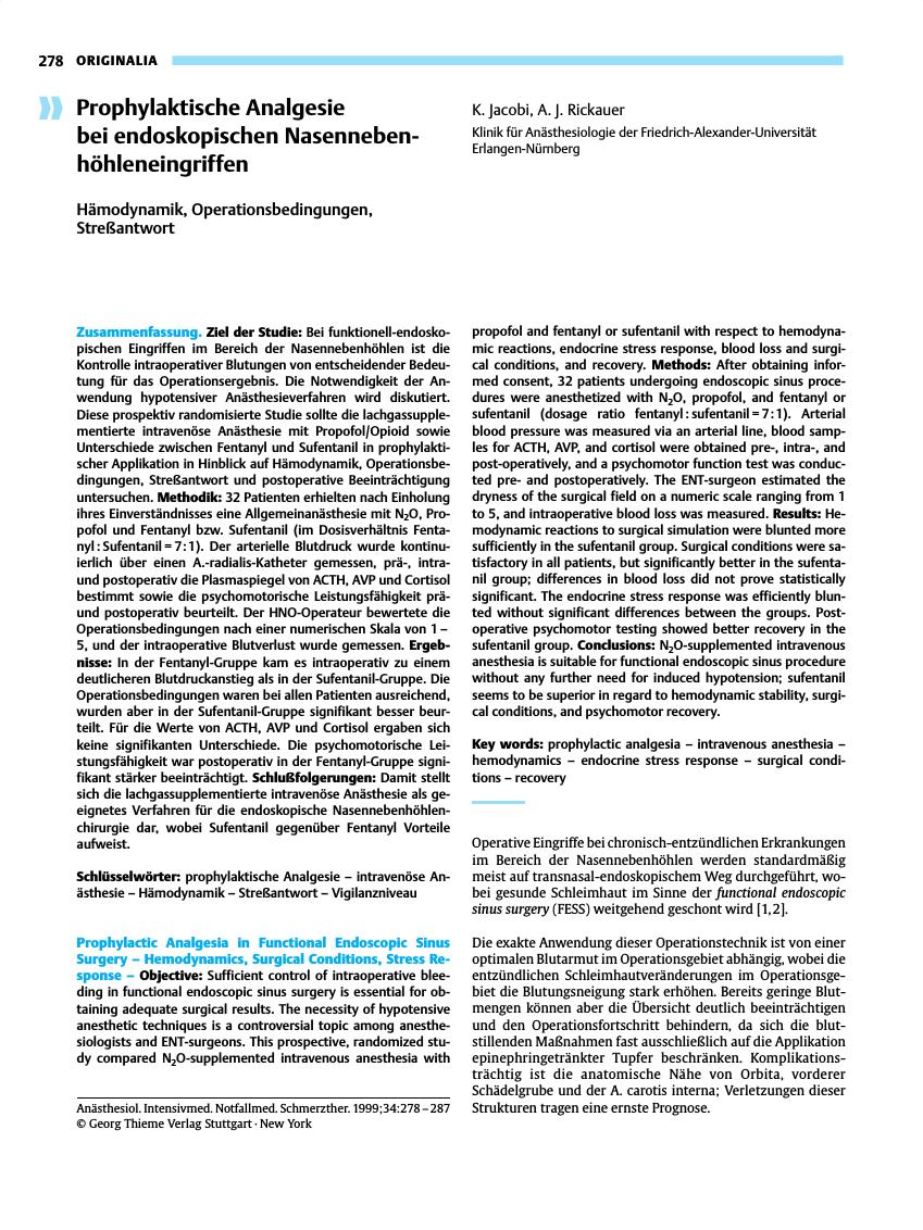 Vorschauseite 1: Prophylaktische Analgesie bei endoskopischen Nasennebenhöhleneingriffen