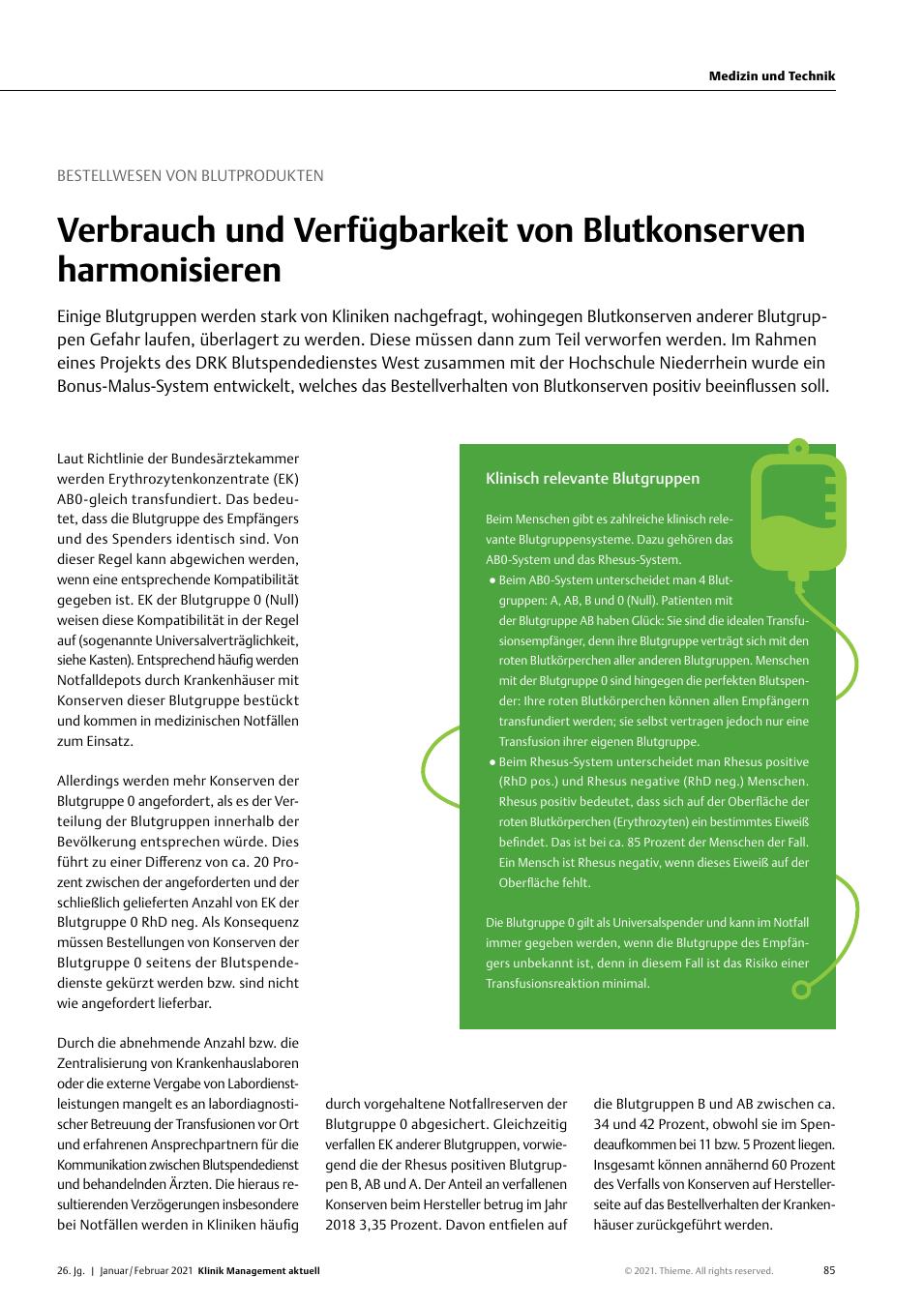 Vorschauseite 1: Bestellwesen von Blutprodukten: Verbrauch und Verfügbarkeit von Blutkonserven harmonisieren