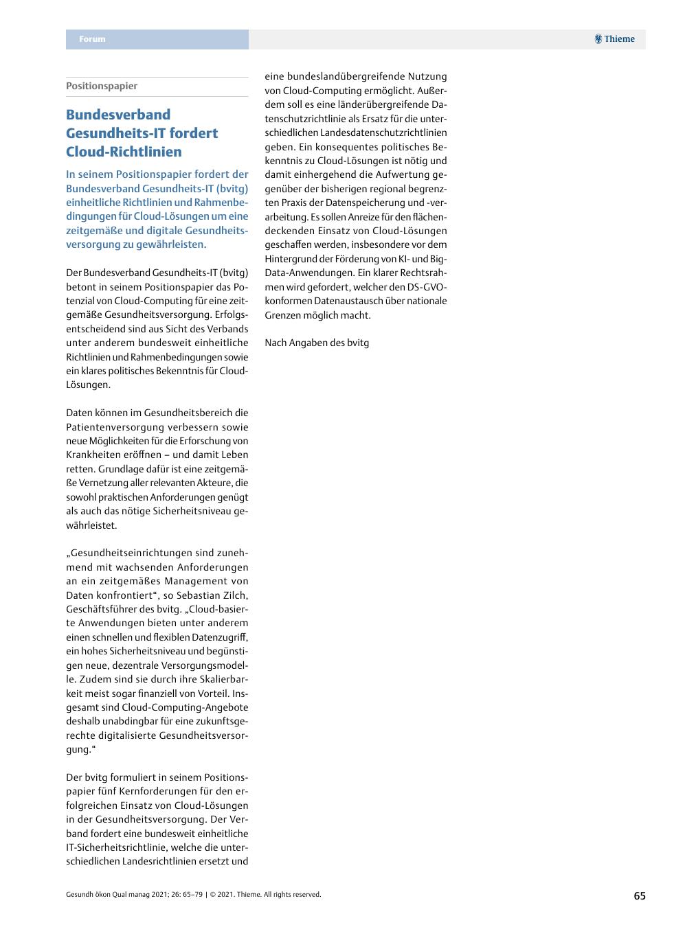 Vorschauseite 1: Positionspapier – Bundesverband Gesundheits-IT fordert Cloud-Richtlinien