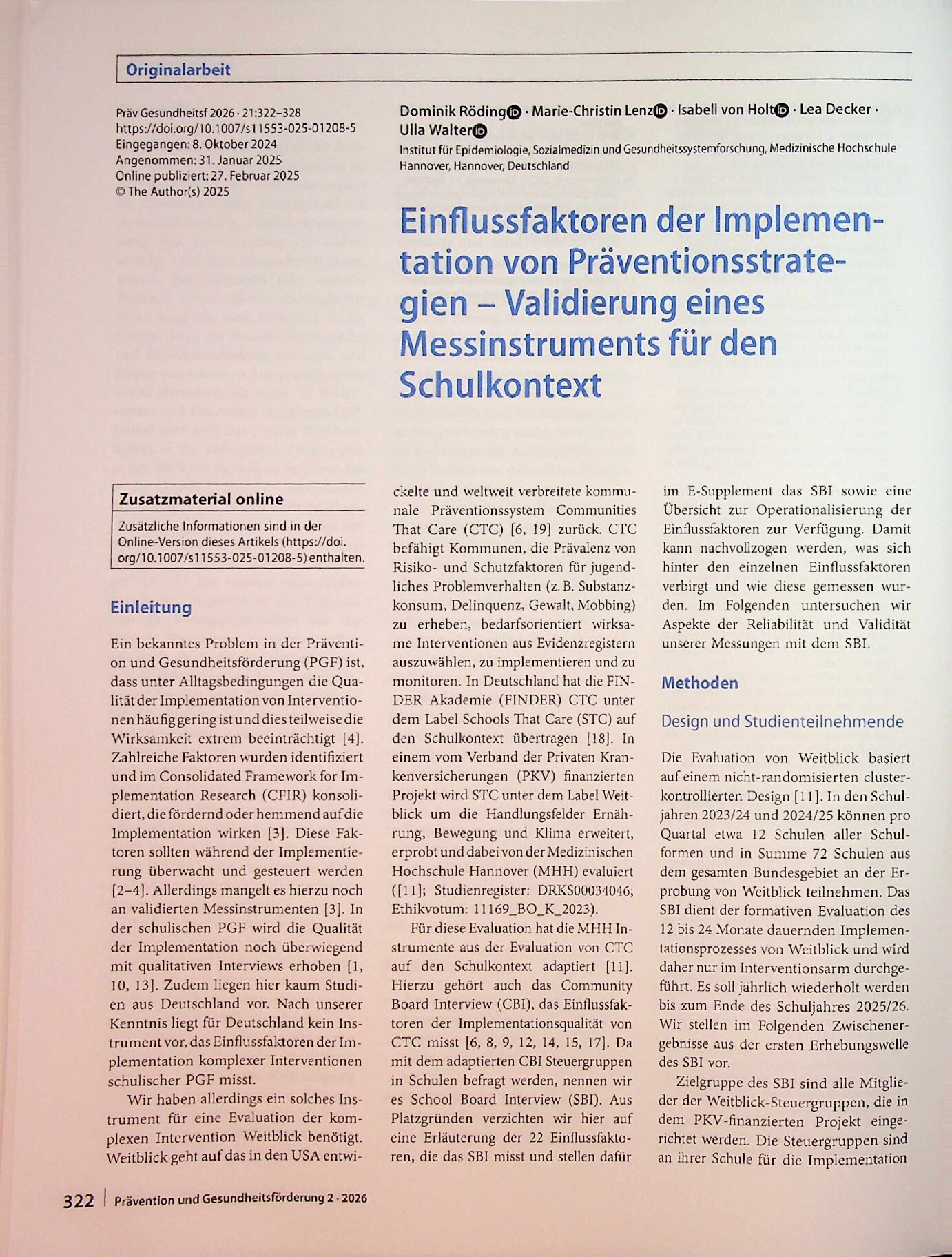Vorschauseite 1: Einflussfaktoren der Implementation von Präventionsstrategien – Validierung eines Messinstruments für den Schulkontext