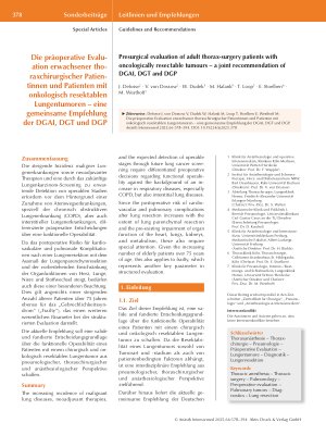 Vorschauseite 1: Die präoperative Evaluation erwachsener thoraxchirurgischer Patientinnen und Patienten mit onkologisch resektablen Lungentumoren – eine gemeinsame Empfehlung der DGAI, DGT und DGP
