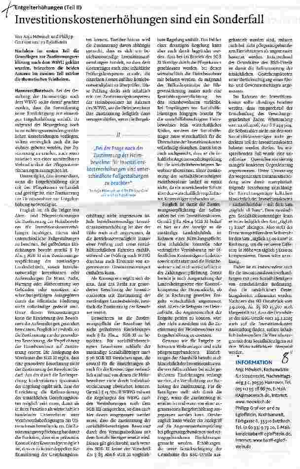 Vorschauseite 1: Entgelterhöhungen (Teil II) Investitionskostenerhöhungen sind ein Sonderfall