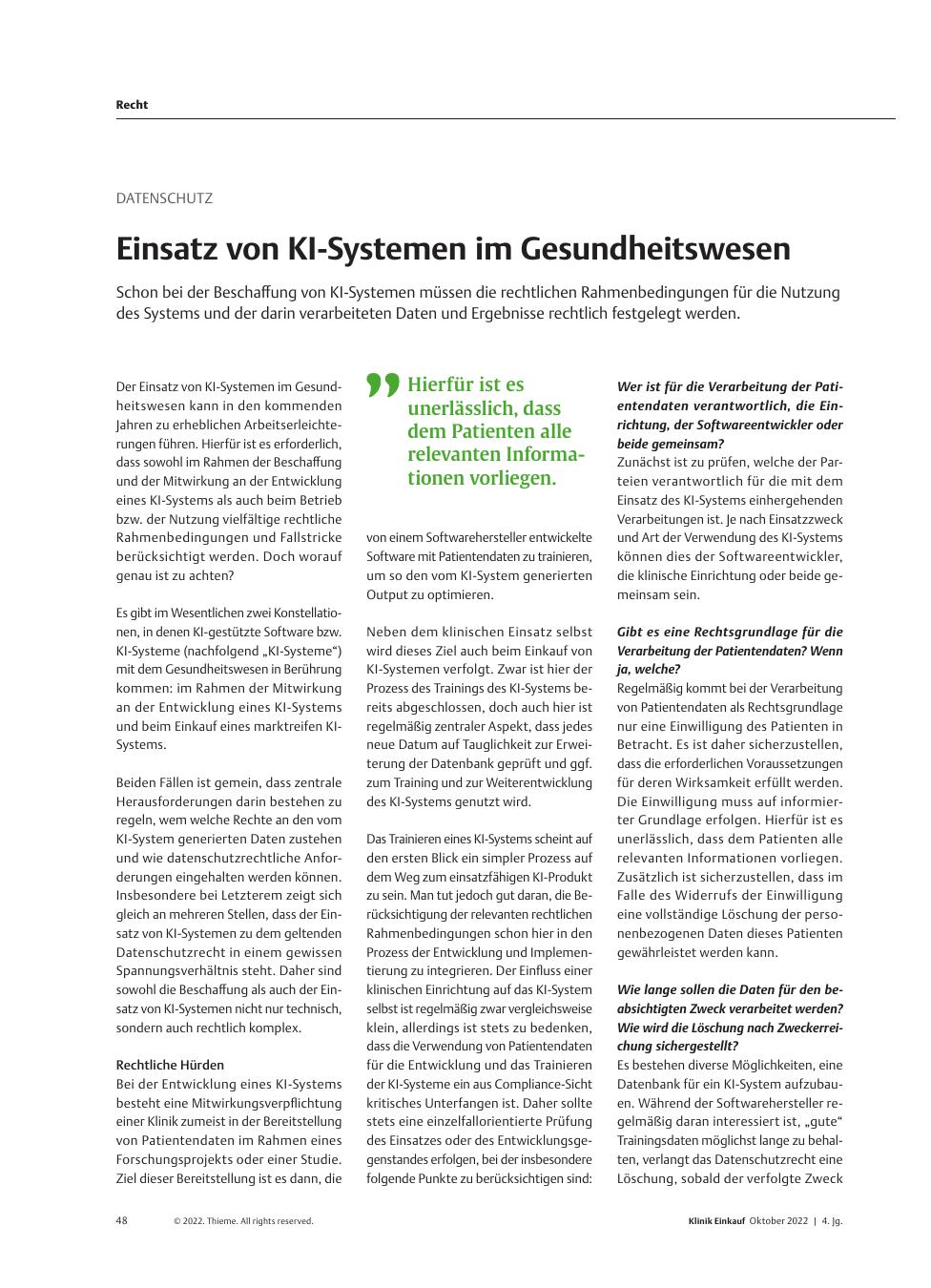 Vorschauseite 1: Datenschutz: Einsatz von KI-Systemen im Gesundheitswesen