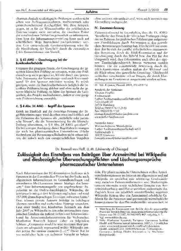 Vorschauseite 1: Zulässigkeit des Einsteljens von Beiträgen über Arzneimittel bei Wikipedia und diesbezügliche Überwachungspflichten und Löschungsansprüche pharmazeutischer Unternehmen