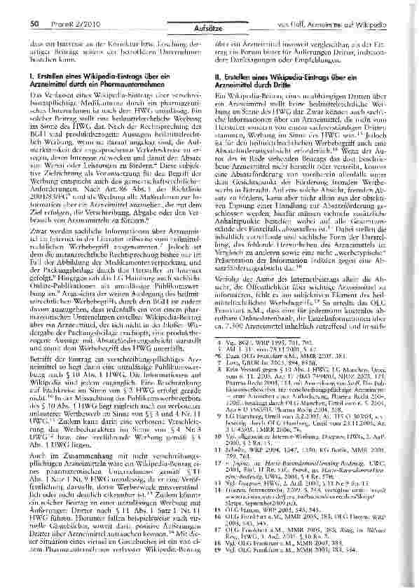 Vorschauseite 2: Zulässigkeit des Einsteljens von Beiträgen über Arzneimittel bei Wikipedia und diesbezügliche Überwachungspflichten und Löschungsansprüche pharmazeutischer Unternehmen