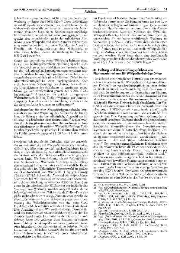Vorschauseite 3: Zulässigkeit des Einsteljens von Beiträgen über Arzneimittel bei Wikipedia und diesbezügliche Überwachungspflichten und Löschungsansprüche pharmazeutischer Unternehmen