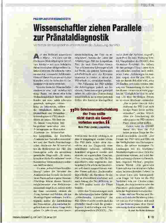 Vorschauseite 1: PRÄIMPLANTATIONSDIAGNOSTIKWissenschaftler ziehen Parallele zur Pränataldiagnostik