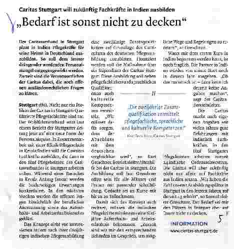 Vorschauseite 1: Caritas Stuttgart will zukünftig Fachkräfte in Indien ausbildenBedarf ist sonst nicht zu decken