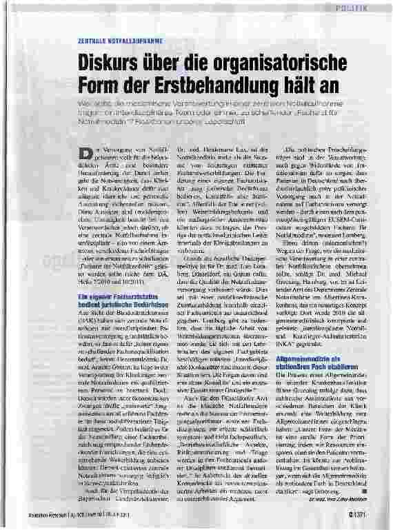 Vorschauseite 1: Diskurs über die organisatorische Form der Erstbehandlung hält an