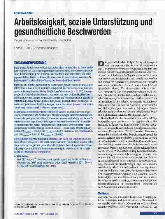 Vorschauseite 1: Arbeitslosigkeit, soziale Unterstützung und gesundheitliche BeschwerdenErgebnisse aus der GEDA-Studie 2009