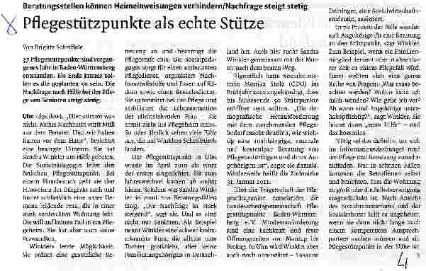 Vorschauseite 1: Beratungsstellen können Heimeinweisungen verhindern/Nachfrage steigt stetigPflegestützpunkte als echte Stütze